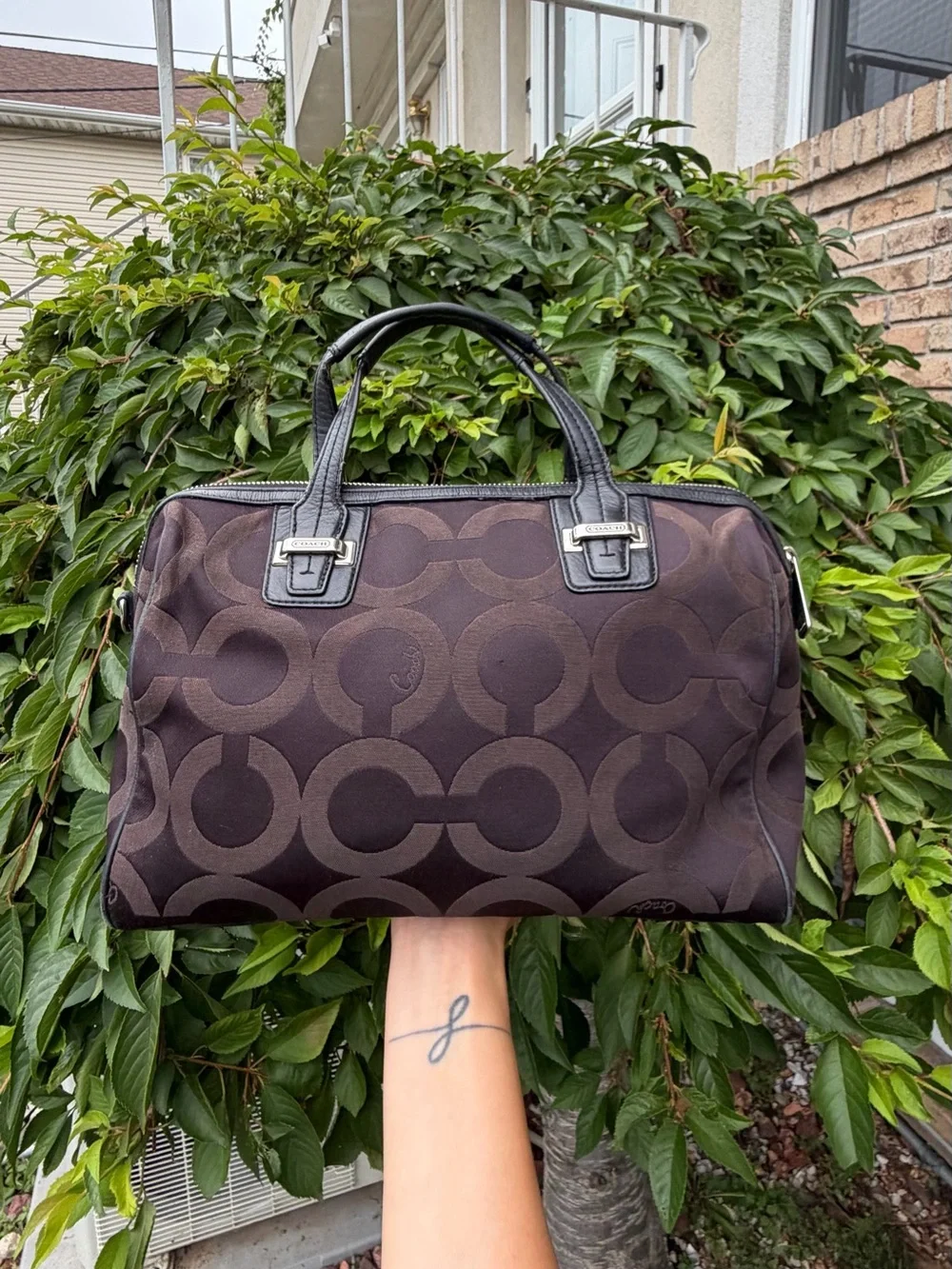 Coach Taylor Op Art Signature Canvas Satchel Brown & Black Leather Handbag